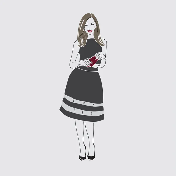 Beautiful young women wih long dark hair in a black dress and  shoes. Isolated vector illustration. — ストックベクタ