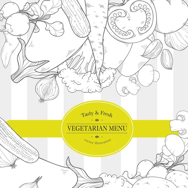 Trendy vegetarian restaurant menu design, high detailed vector illustration with radish, carrots, cucumber, potato, eggplant, garlic,  tomato, peas, carrot, broccoli, mushrooms, pepper, hand drawn. — Stock Vector