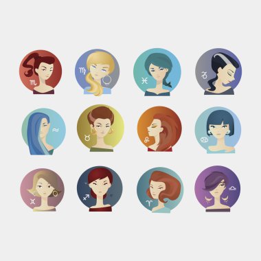 Set of Zodiac signs like cute girl's portraits. Vector illustration.
