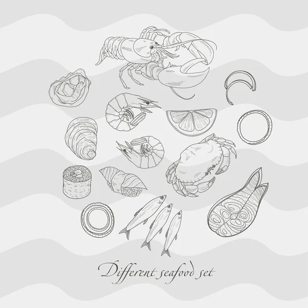 Set disegno linea di frutti di mare vettoriale — Vettoriale Stock