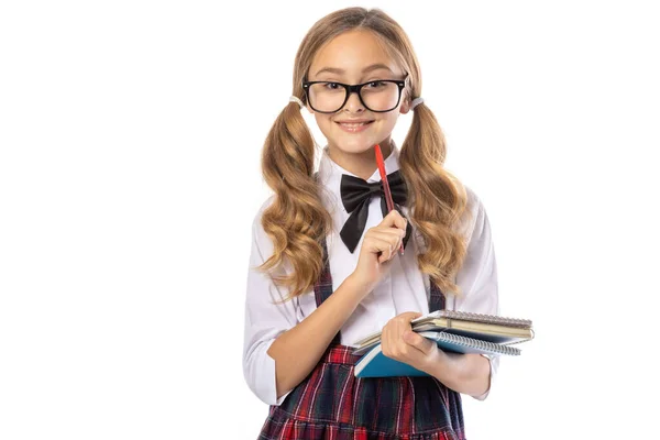Lernen Der Schule Schulmädchen Mit Brille Und Notizbuch Und Einem — Stockfoto