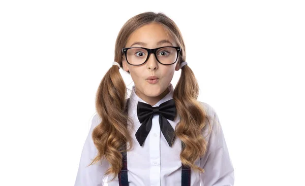 Für Eine Überraschung Überraschte Mädchen Schulmädchen Isoliert Auf Weißem Hintergrund — Stockfoto