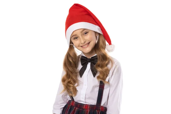 Portrét Malé Dívky Červeném Klobouku Santa Claus Pomocník Izolované Bílém — Stock fotografie