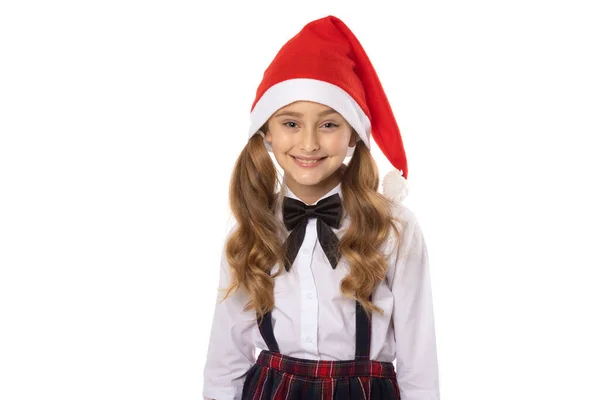 Portrét Malé Dívky Červeném Klobouku Santa Claus Pomocník Izolované Bílém — Stock fotografie