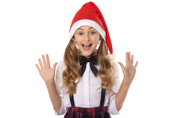 Retrato Menina Feliz Chapéu Vermelho Surpresa Natal Papai Noel Ajudante — Fotografia de Stock