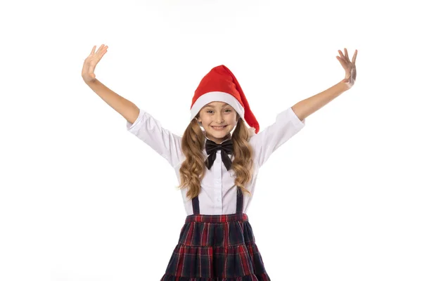 Menina Alegre Feliz Chapéu Papai Noel Levantou Mãos Para Cima — Fotografia de Stock