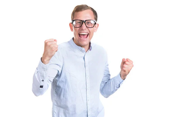 Luck Success Young Happy Man Shouts Delight Isolated White Background — Stock Photo, Image