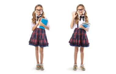 Schoolgirl girl in glasses and with textbook, standing full-length, isolated on white background. Two options one girl. 