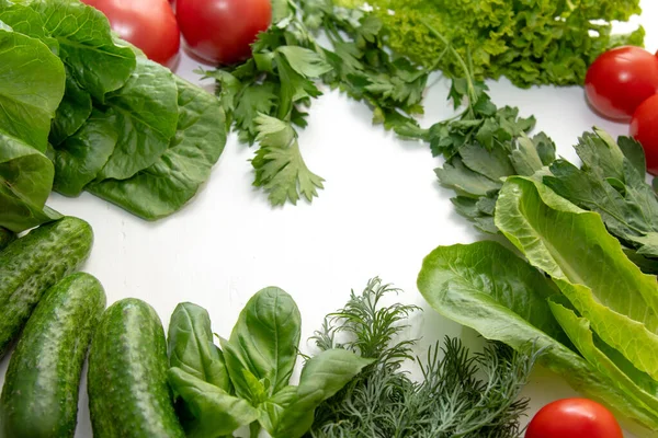 Fresh Vegetables Tomatoes Cucumbers Parsley Dill Basil Green Leaves Salad — ストック写真