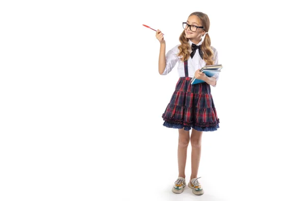 Schoolgirl Girl Glasses Notebook Standing Full Length Points Side Free — Stock Photo, Image