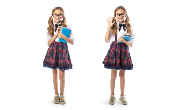 Schoolgirl Girl Glasses Textbook Standing Full Length Isolated White Background — Stock Photo, Image