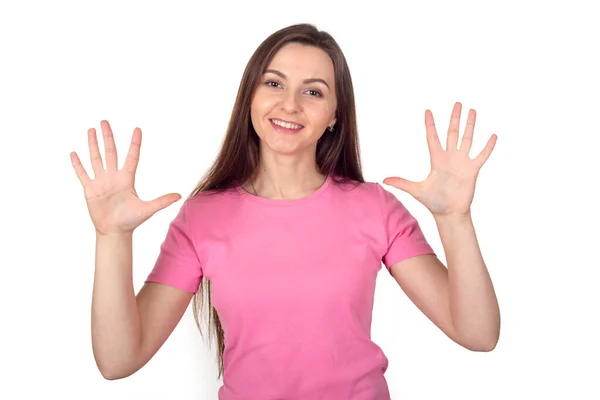 Молодая Женщина Розовом Свитере Показывает Пальцев Число Десять — стоковое фото