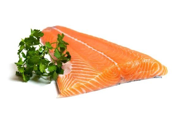 Laksefilet Med Persille Isolert Hvit Bakgrunn Skåret Fiskekadaver – stockfoto