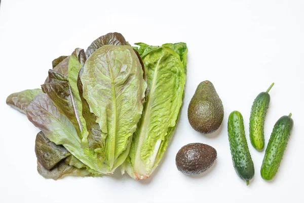 Set För Grönsallad Romansallad Avokado Och Gurka Koncept Hälsosam Kost — Stockfoto