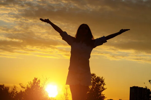 Silueta Una Joven Levantó Las Manos Atardecer Concepto Libertad —  Fotos de Stock