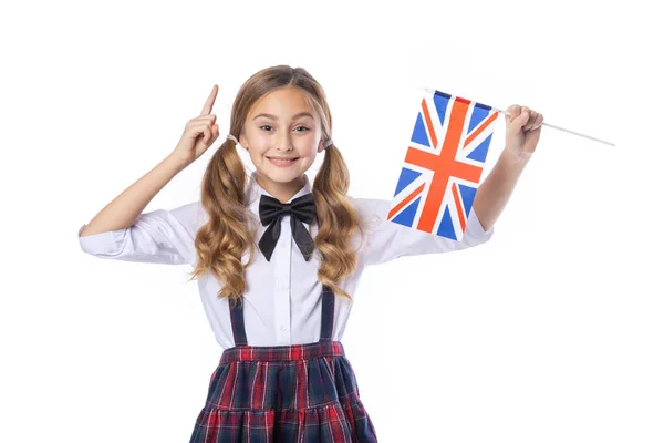 Uczennica Flagą Wielkiej Brytanii Wskazuje Palcem Górę Nauka Angielskiego — Zdjęcie stockowe