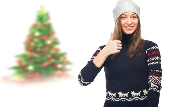 Thumbs up - woman. New year - concept. — Stockfoto