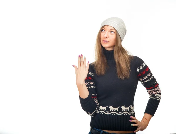 Mujer en suéter de invierno mostrando una señal de que estaba sorprendida . —  Fotos de Stock