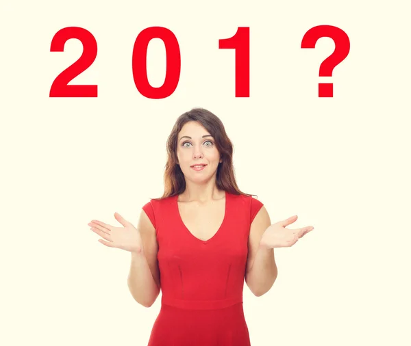 Which year? Young girl in a red dress. — Stock Photo, Image