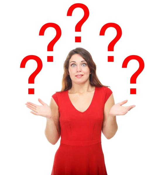 Woman asked. The question marks around. — Stockfoto