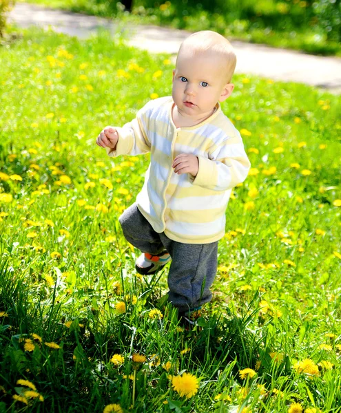 First steps of blond toddler baby on spring grass — Stock Photo, Image