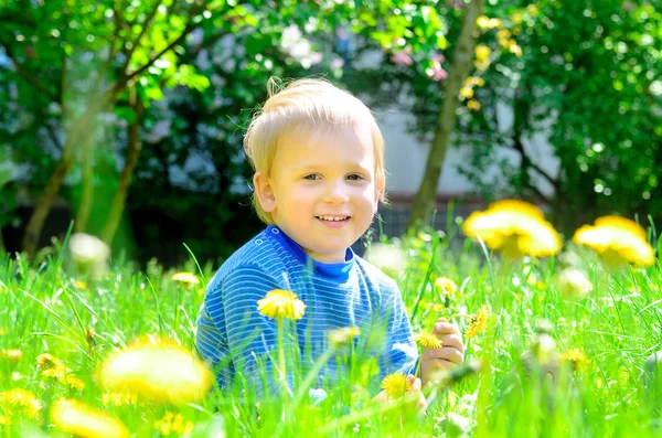 Soleado niño rubio en la hierba de primavera — Foto de Stock