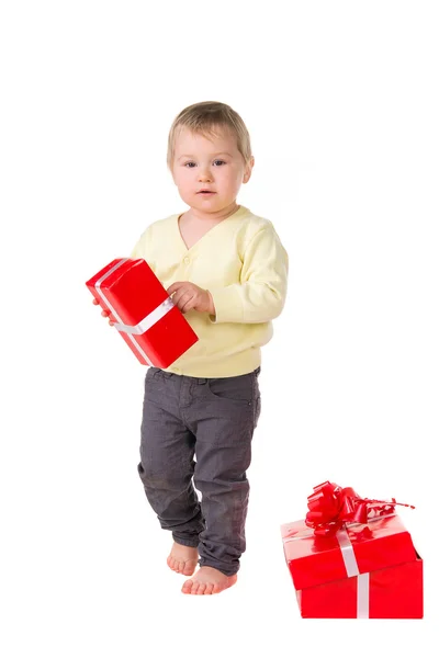 Chubby toddler baby with gifts — Stock Photo, Image