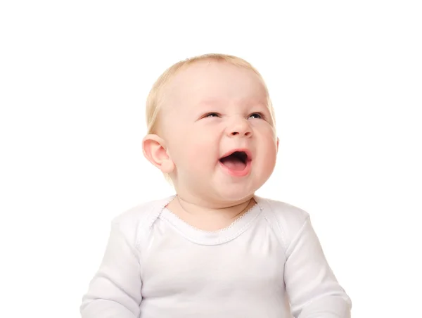 Skrattande funny baby boy i vitt — Stockfoto
