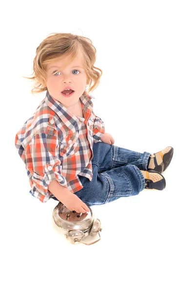 Little boy with curly hair and alarm clock — Stock Photo, Image