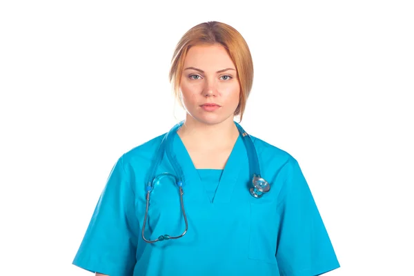 의료, 직업, 사람들 및 의학 개념-청진 기를 가진 의사 여자. 흰색 배경 위에 절연. — 스톡 사진