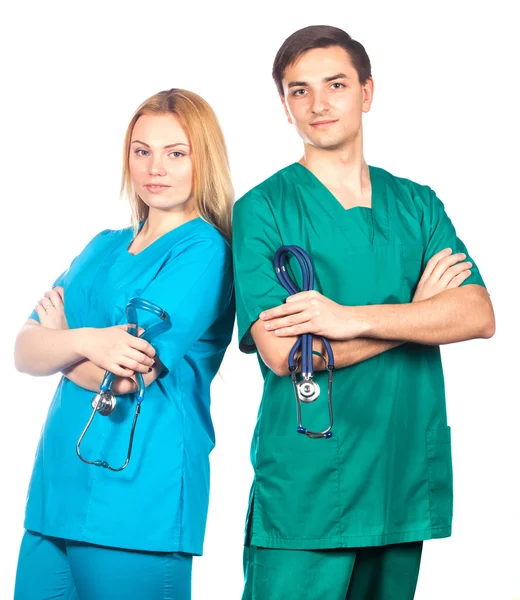 Здравоохранение и медицинская концепция - два врача со стетоскопами . — стоковое фото