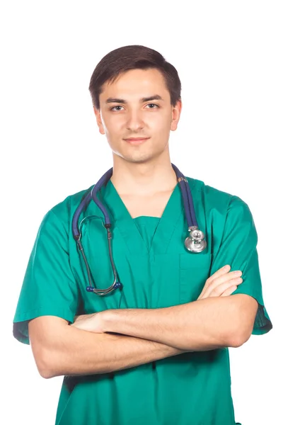 Egészségügyi ellátás, szakma, emberek és az orvostudomány koncepciója - mosolygó férfi orvos fehér köpenyben — Stock Fotó