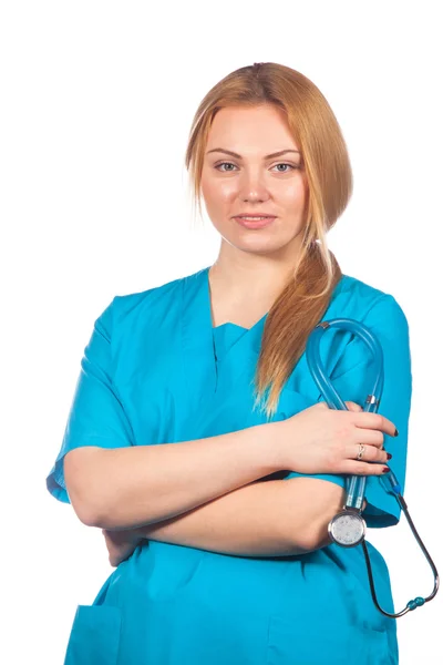 Egészségügyi, a szakma, a nép és a gyógyszer fogalma - orvos Nő sztetoszkóp. Elszigetelt fehér háttér felett. — Stock Fotó