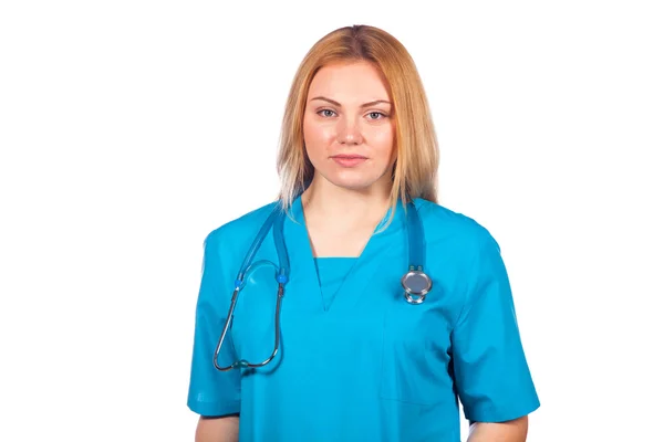 Gesundheitswesen, Beruf, Mensch und Medizinkonzept - Ärztin mit Stethoskop. isoliert über weißem Hintergrund. — Stockfoto