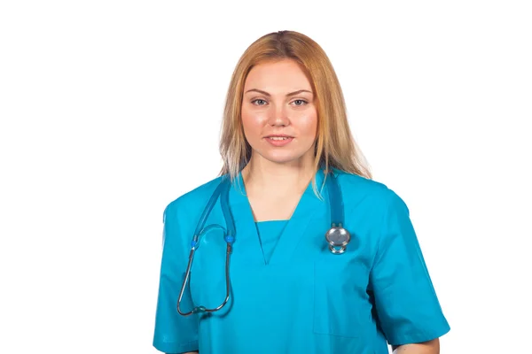薬と人の職業健康管理コンセプト - 聴診器で医師の女性。白い背景に分離. — ストック写真