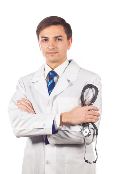Egészségügyi ellátás, szakma, emberek és az orvostudomány koncepciója - mosolygó férfi orvos fehér köpenyben — Stock Fotó