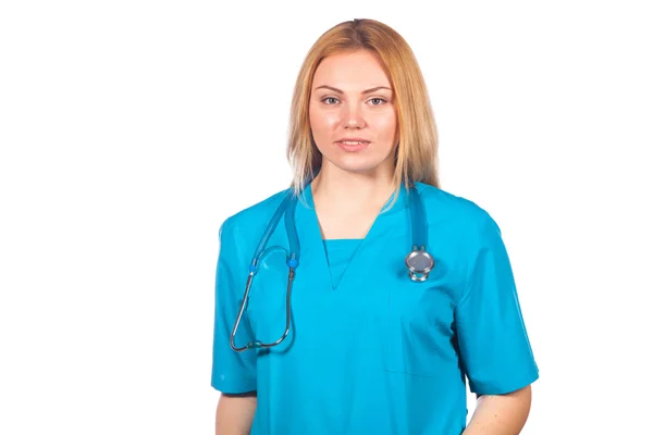 Healthcare, profession, people and medicine concept - medical doctor woman with stethoscope. Isolated over white background. — Stock Photo, Image