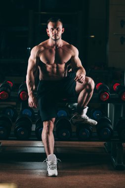 Spor salonu ayakta dambıl, güçlü erkek çıplak gövde abs yakınındaki içinde kas adam