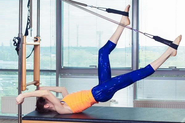 Healthy Smiling Woman Wearing Leotard Practicing Pilates in Bright Exercise Studio — Stock Photo, Image