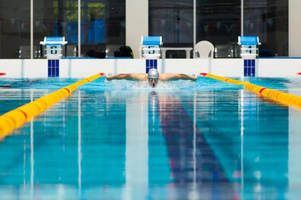 Dynamic and fit swimmer in cap breathing performing the butterfly stroke Stock Image
