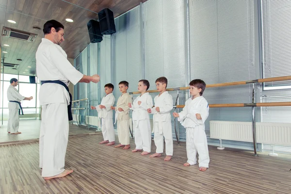 Jonge, mooie en succesvolle multi ethische kinderen in karate positie — Stockfoto