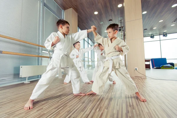 Unga, vackra, framgångsrika multi etiska barn i karate position — Stockfoto