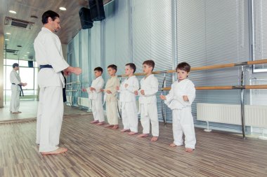 genç, güzel, başarılı çok etik çocuklar karate pozisyonda