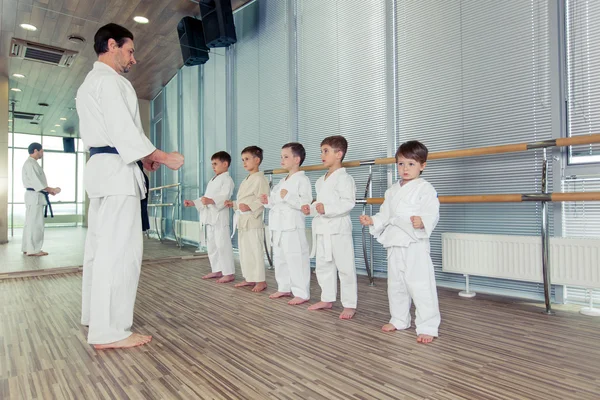 Fiatal, gyönyörű, sikeres multi etikai gyerekek karate helyzetben — Stock Fotó