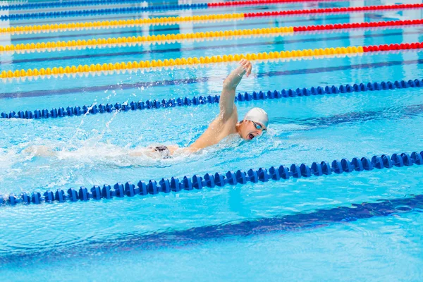 Uomo nuotatore strisciare in acqua blu . — Foto Stock