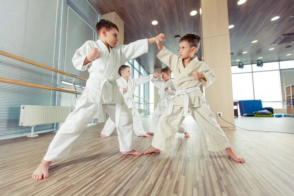 Jóvenes, hermosos, exitosos niños multi éticos en posición de karate — Foto de Stock