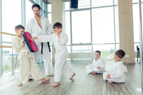 Junge, schöne, erfolgreiche multiethische Kinder in Karate-Stellung — Stockfoto