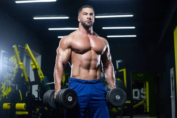 Vooraanzicht van een gespierde bodybuilder poserend met halters in blauwe shorts in een sportschool — Stockfoto