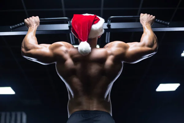 Молодий сексуальний Санта Клаус у Різдвяному капелюсі працює над перекачуванням м'язів спини у спортзалі, що набирає вагу на машинах. — стокове фото