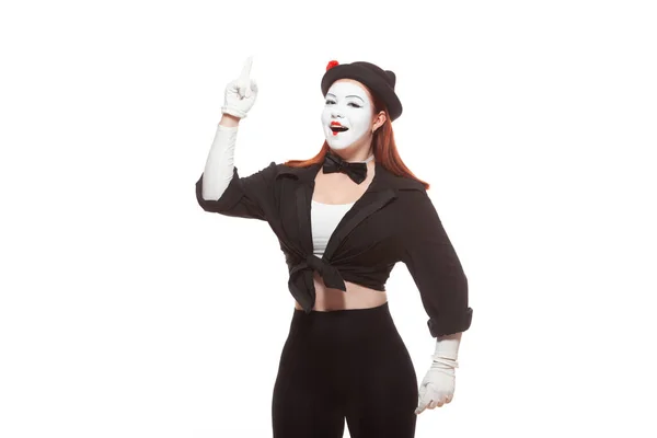 Portret van een vrouwelijke mime artiest die optreedt, geïsoleerd op een witte achtergrond. Symbool van een idee, inzicht, Eureka — Stockfoto